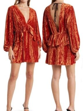 Topshop Rust Crushed Velvet Plunge Mini Dress Black Tie Sleeves Size US 6